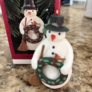 Hallmark Snowman Ornament with Green Wreath and Black Hat